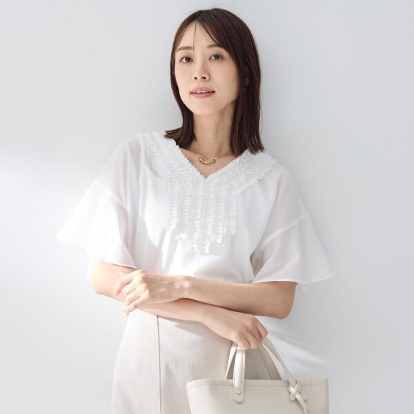 美品✨総スパンコール Vネック フリル袖 カットソー 2L 紫 絹