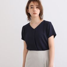 【通勤洗えるUVケア接触冷感吸水速乾エコ】サテンタック バイカラー半袖ブラウス