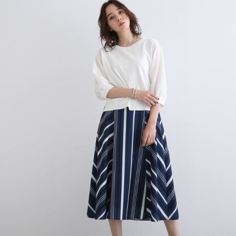 2点セット洗える】ニット＆ストライプフレアスカートセットアップ  