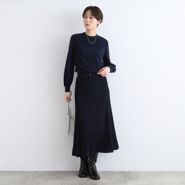 洗える／ウエストゴム】フィット＆フレア ニットワンピース