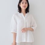毎年人気！／フレンチリネン】5分袖バンドカラーブラウス 