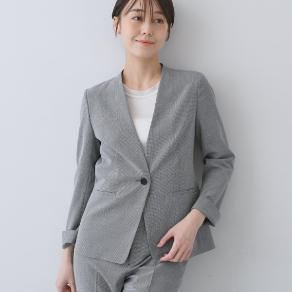 インディヴィ ノーカラージャケット　38 美品 INDIVI スーツ 「洗える／UVケア／接触冷感／SETUP可能」麻混
