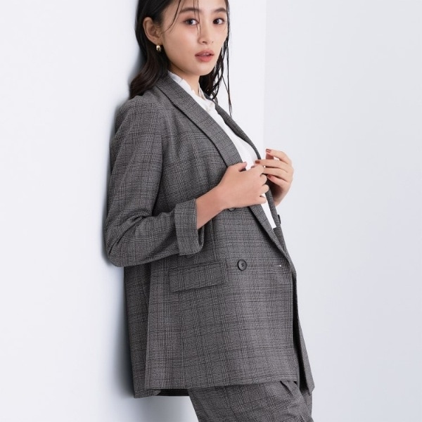 極美品 INDIVI 洗える 千鳥柄ノーカラージャケット UVケア 接触冷感LL