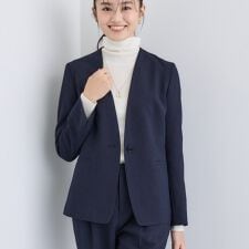 【洗える／通勤／スーツ】メランジストレッチ ノーカラージャケット