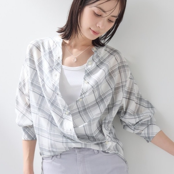 【2WAY／シアー】バイアスチェック柄＆無地 カシュクールシャツ