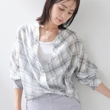 【2WAY／シアー】バイアスチェック柄＆無地 カシュクールシャツ