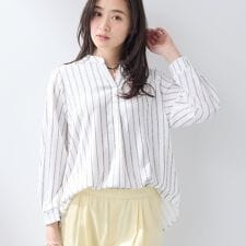 【洗える／着心地楽ちん】ブラウス風ストライプカットソートップス