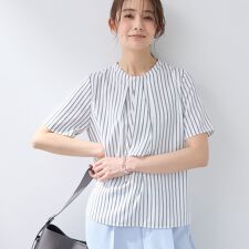 【洗える／UVケア】ストライプ柄＆無地 ボウタイ風 半袖ブラウス
