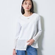 【洗える／レイヤードにおすすめ】シャーリングレース ロングTシャツ
