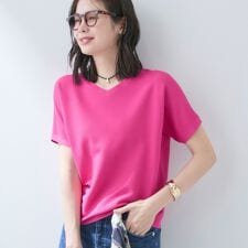 【洗える】ガーター編みVネックニットT