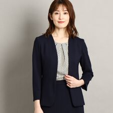 【通勤スーツセットアップ日本製洗える】ストレッチ素材ノーカラージャケット