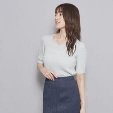 【洗える／日本製／ハートネック】5分袖ラメ入りニットトップス