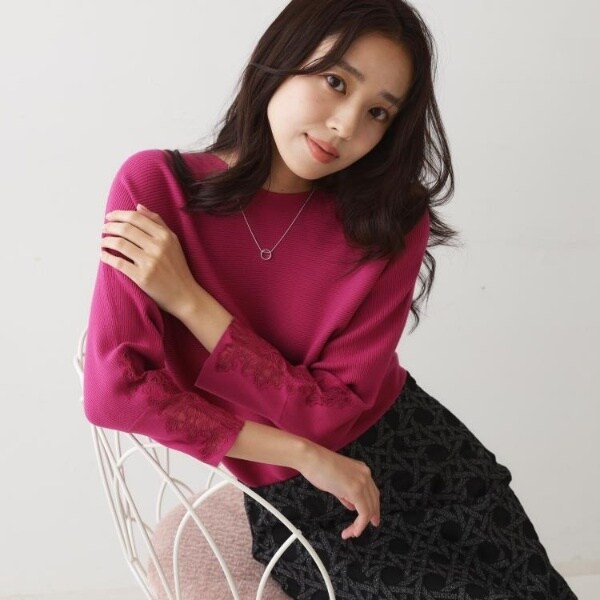 【手洗い可】オーガンジー刺しゅうニットトップス