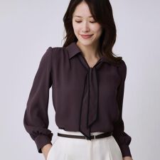 【手洗い可／ボウタイ取外し可】配色パイピングボウブラウス