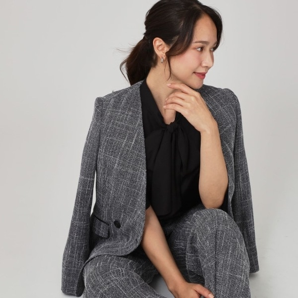 クードシャンス　ツイード　セットアップ 洗える】ノーカラーダブルジャケット（ノーカラージャケット