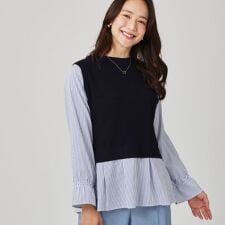 【手洗い可】重ね着風ニットトップス