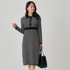 【手洗い可】衿付きニットジャカード編みワンピース