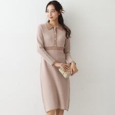 【手洗い可】衿付きニットジャカード編みワンピース