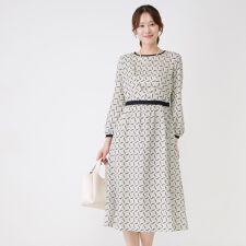 【手洗い可】ニット×幾何柄プリントドッキングワンピース