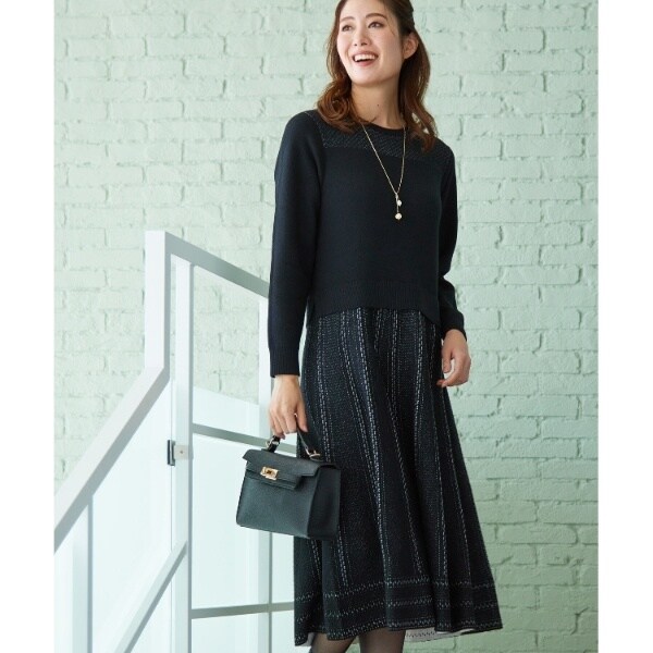 美品 リフレクト 人気 洗える ジャカードニットワンピース LL セール】リブニット ＆ 膨れジャガード ワンピース ｜ ニット