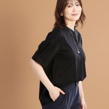 【すっきり見え！長め丈／マシンウォッシュ可】スキッパーネックジャージトップス