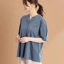 【すっきり見え！長め丈／マシンウォッシュ可】スキッパーネックジャージトップス