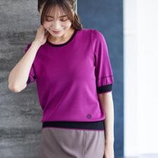 【WEB先行カラーあり／手洗い可／アンサンブル可】バイカラー五分袖ニット