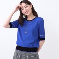 【WEB先行カラーあり／手洗い可／アンサンブル可】バイカラー五分袖ニット