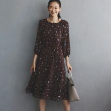 【ウエストリボン付き】フレアプリントワンピース