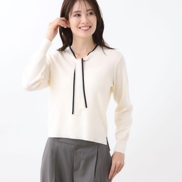 Reflect バイカラーボウタイ付きニットL 秋映え／なめらかな着心地】バイカラーボウタイ付きニット