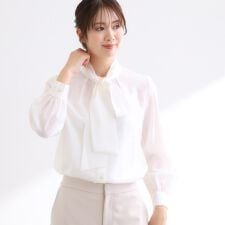 【ボウタイ取り外し可】ボウタイ付きバンドカラーブラウス