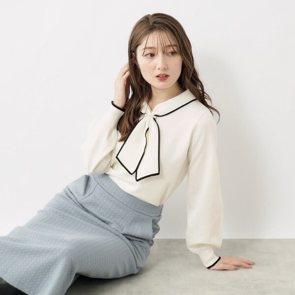 ≪新色追加7color≫ フェイクパールボウタイデザインニット【洗濯機