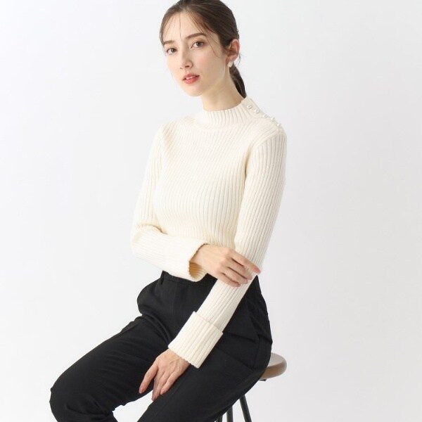 ≪5color≫ パール調ボタン リブハイネックニット【洗濯機洗い可