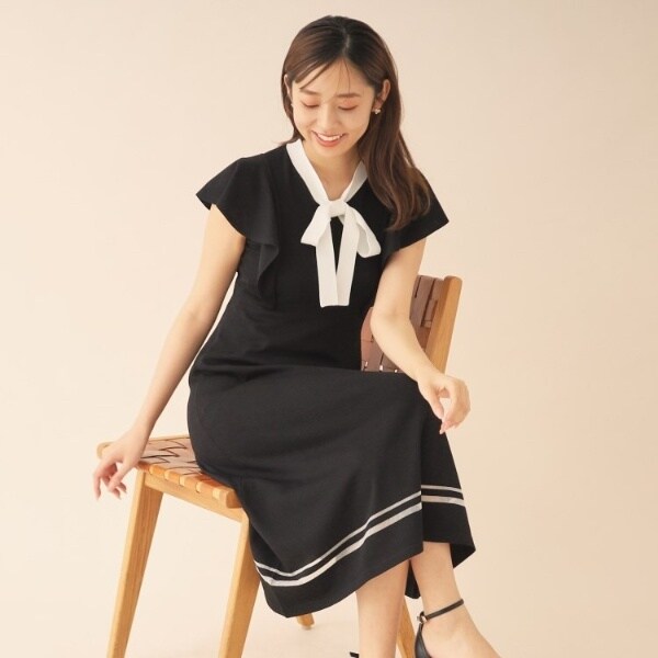 フリルボウタイバイカラーニットワンピース【洗濯機洗い可