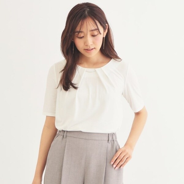 着画確認用です。 フロントタックビジュー五分袖トップス【洗濯機洗い可