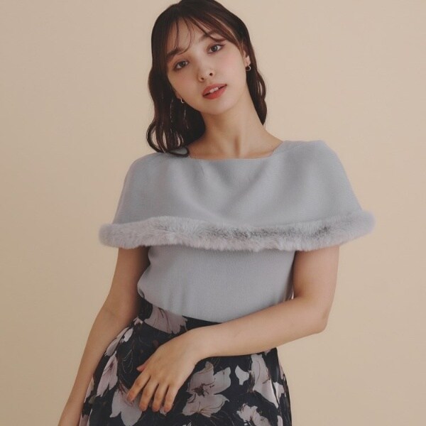 ケープニット 美人百花掲載》ファートリミングケープニット【洗濯機洗い可