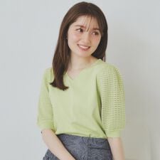 《5色展開》柄編みスリーブVネックニット【洗濯機洗い可】