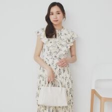 《美人百花掲載》フリルプリーツ花柄ワンピース【洗濯機洗い可イージーアイロン防シワ】