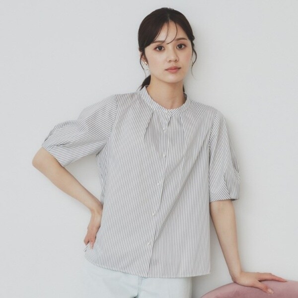 バンドカラータックブラウス【洗濯機洗い可イージーアイロン防シワ