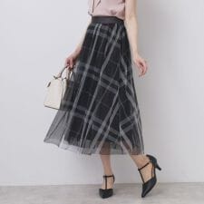 チュールラメチェックフレアスカート【洗濯機洗い可防シワ】