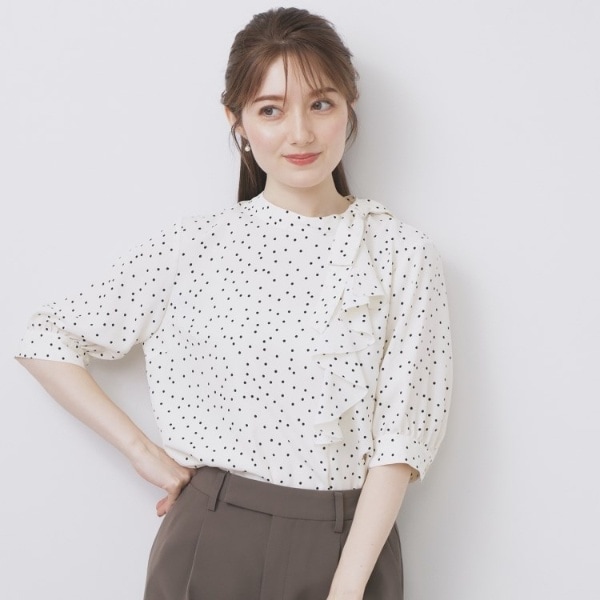 ロールカラーアシメフリルリボンブラウス【洗濯機洗い可イージーアイロン】