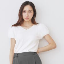 《6色展開》フェザーパフスリーブVネックニット【洗濯機洗い可】