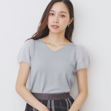 《6色展開》フェザーパフスリーブVネックニット【洗濯機洗い可】