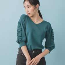 ラップフリルVネックニット【洗濯機洗い可接触冷感UVケア】