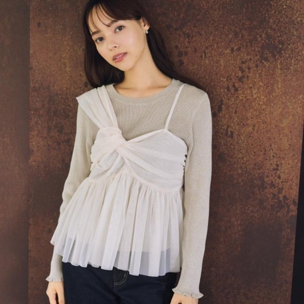 ツインセット》チュールキャミ×ラメリブニット【洗濯機OK