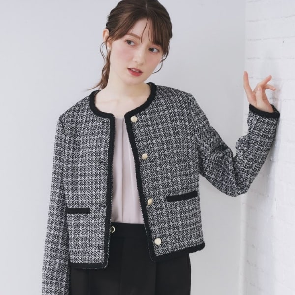 インディヴィ ツイード 秋冬 ノーカラー スーツ 38 W66 DMW インディヴィ ツイード 秋冬 ノーカラー スーツ 38 W66 DMW