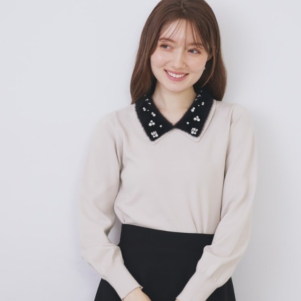 ダブルビジューフェザー衿付きニット【洗濯機OK】 | インデックス