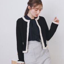 フェザーバイカラークルーネックカーディガン【洗濯機OK】