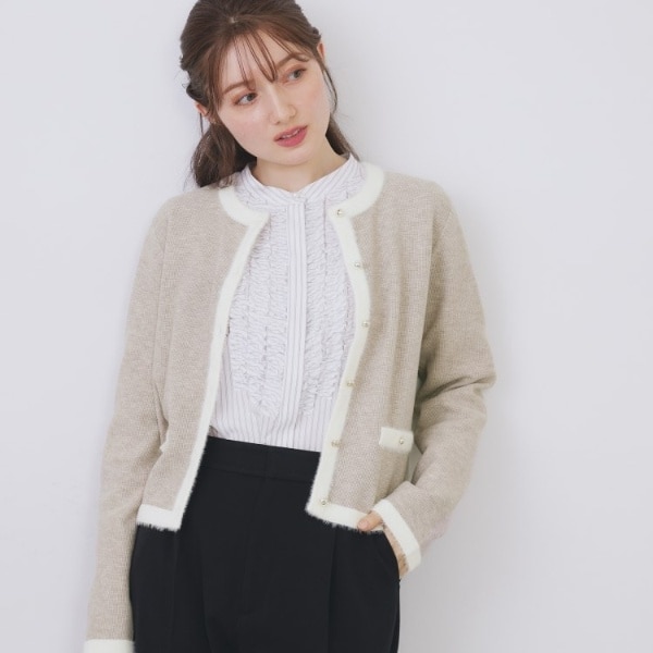 フェザーバイカラークルーネックカーディガン【洗濯機OK