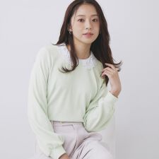 レース衿付きピケジャージトップス【洗濯機OK】